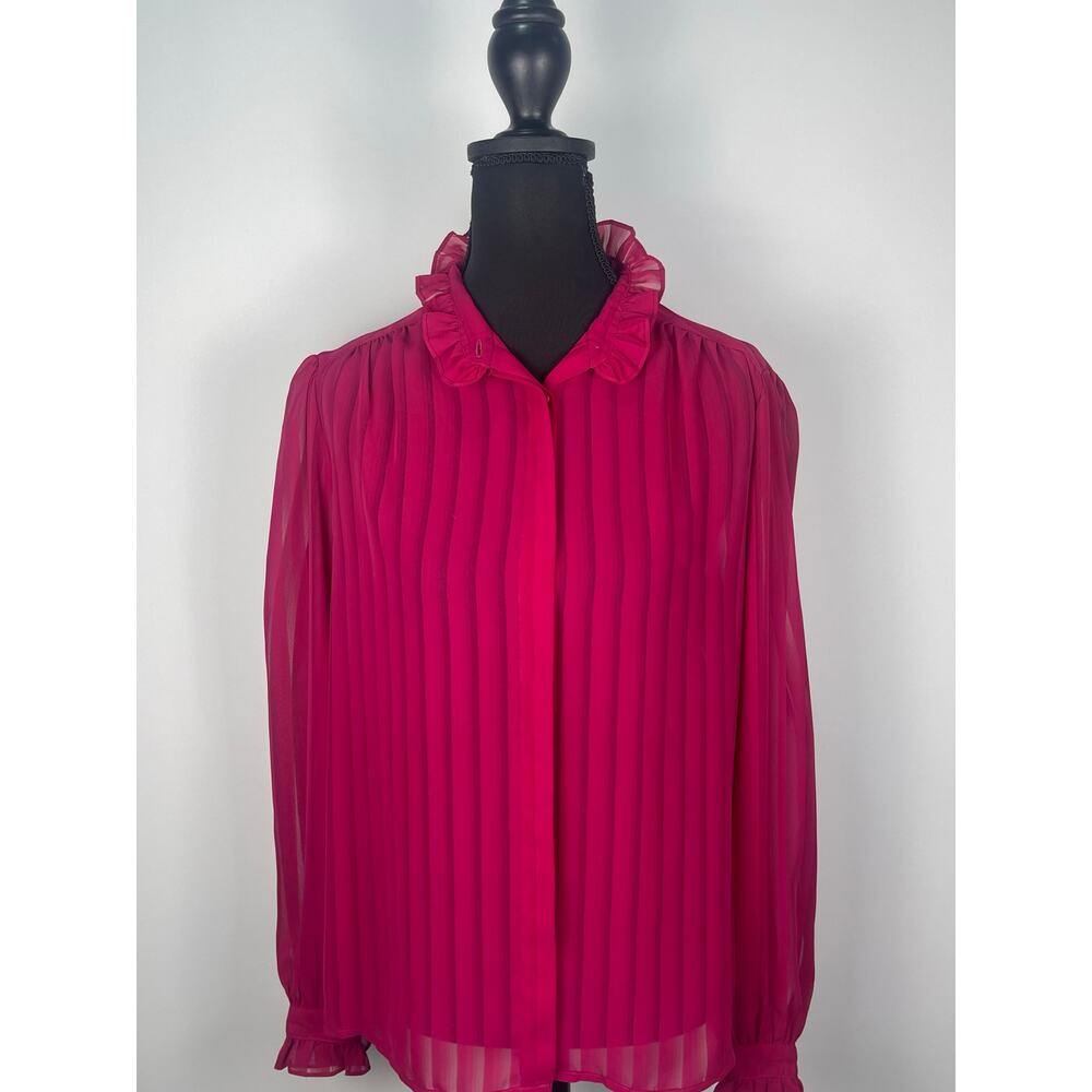 Vintage 1980s David Matthew Sheer Fuchsia Ruffle Blouse Striped High Neck Sz 10 - Picture 2 of 8